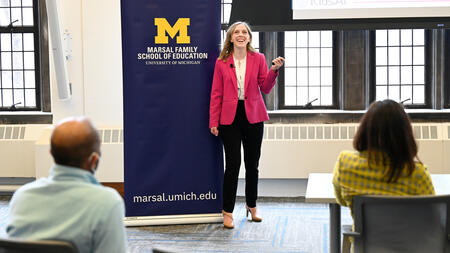 A photo of Jessica Browning presenting her platform, KidsAI, at the Learning Lever competition