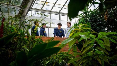 Four students in University of Michigan gear stand on the second floor of a green house looking down on the trees
