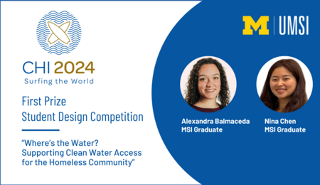 A graphic with the CHI 2024 logo and the text "First Prize, Student Design Competition, "Where's the Water? Supporting Clean Water Access for the Homeless Community" alongside a headshot of Alexandra Balmaceda, with the text "MSI graduate," and a headshot of Nina Chen, with the text "MSI graduate."
