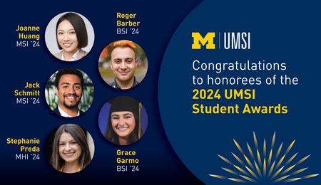 A graphic with the text "Congratulations to honorees of the 2024 UMSI Student Awards" and a photo of Joanne Huang (MSI '24), Roger Barber (BSI '24), Jack Schmitt (MSI '24), Grace Garmo (BSI '24) and Stephanie Preda (MHI '24)