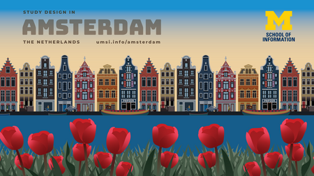 A graphic with an illustration of Amsterdam houses on a canal and the text "Study abroad in Amsterdam, the Netherlands, umsi.info/amsterdam" beside the UMSI logo