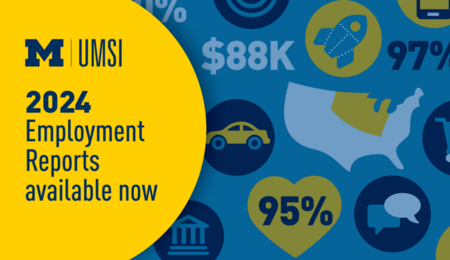 A graphic with the UMSI logo and the text "2024 employment reports available now"