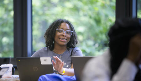 Rising high school senior Brooklynn Huntzer participates in a class discussion about free speech.