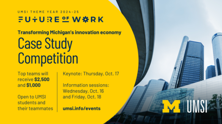 A graphic with the Future of Work theme year logo and the text "Transforming Michigan's innovation economy: Case Study Competition"