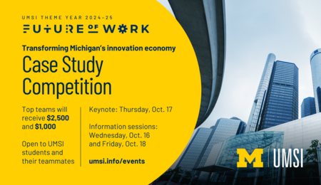 A graphic with the Future of Work theme year logo and the text "Transforming Michigan's innovation economy: Case Study Competition"