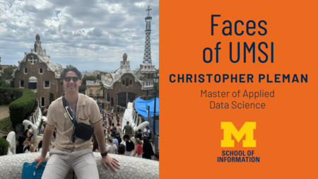 Faces of UMSI: Christopher Pleman, Master of Applied Data Science. Christopher sitting on a ledge with a cityscape in the background.
