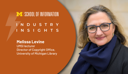 A graphic with a headshot of Melissa Levine and the text "Industry Insights, Melissa Levine: UMSI lecturer, Director of Copyright Office, University of Michigan Library" and the UMSI logo