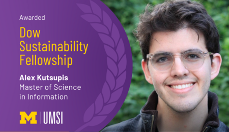 A graphic with a photo of Alex Kutsupis and the text "Awarded Dow Sustanability Fellowship," Alex Kutsupis, Master of Science in Information, and the UMSI logo