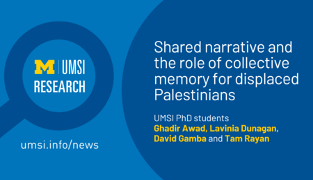 UMSI Research. Shared narrative and the role of collective memory for displaced Palestinians. UMSI PhD students Ghadir Award, Lavinia Dunagan, David Gamba and Tam Rayan.