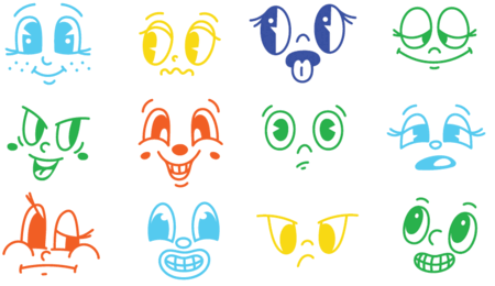 Colorful sketches of emotions in rows of five depicting various emotions.