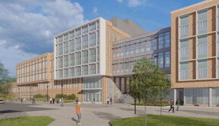 A digital illustration of the Leinweber Computer Science and Information Building.