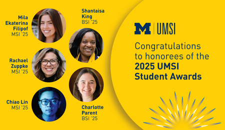 A graphic offering congratulations to honorees of the 2025 UMSI Student Awards, with a UMSI logo and photos of Mila Ekaterina Filipof, Shantaisa King, Rachael Zuppke, Chiao Lin, and Charlotte Parent
