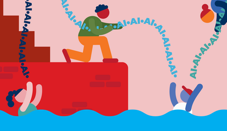 Two caricatures are drowning in what appears to be water, while two other caricatures above them holding a string of the word "AI" reel them in. There is a red ship, blue water, and a light pink background.