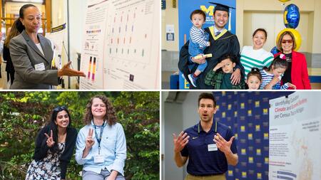 Four images depict university-related moments: a student in business attire presenting a scientific poster, a family of 7 posing with a graduate in academic regalia, two students outdoors making peace signs, and an individual explaining research findings in front of a poster with University of Michigan logos in the background.