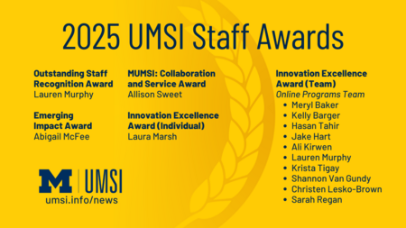 2025 UMSI Staff Awards: Outstanding Staff Award: Lauren Murphy; Emerging Impact Award : Abigail McFee; MUMSI: Collaboration and Service Award: Allison Sweet Innovation Excellence Award, individual: Laura Marsh; Innovation Excellence Award, team: Online Programs Team of Meryl Baker, Kelly Barger, Hasan Tahir, Jake Hart, Ali Kirwen, Lauren Murphy, Krista Tigay, Shannon Van Gundy, Christen Lesko-Brown, Sarah Regan 