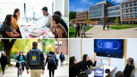 A grid of four photos: Students talking at a table covered in sticky notes; the Leinweber Computer Science and Information Building; a student walking on campus wearing a UMSI backpack; and students sitting at a table and gesturing at a screen.