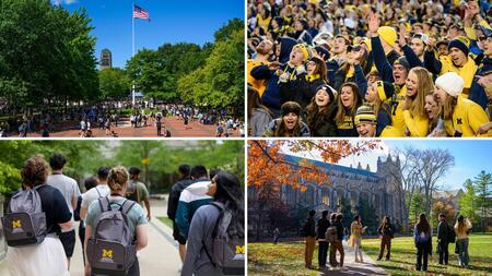 A collage of 4 photos showing scenes from the University of Michigan campus. A sunny day on the Diag, students cheering at a football game, students walking and wearing UMSI backpacks, and a group of people standing on the grass in front of an academic building.