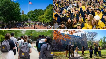 A collage of 4 photos showing scenes from the University of Michigan campus. A sunny day on the Diag, students cheering at a football game, students walking and wearing UMSI backpacks, and a group of people standing on the grass in front of an academic building.