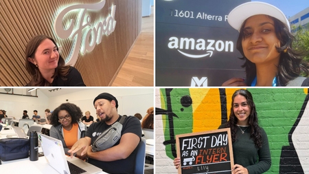Four images in a grid show a student in front of a Ford sign, a student in front of an Amazon sign, a student gesturing to a laptop while speaking to someone, and a student holding a "First Day as an Intern Flyer" chalkboard sign