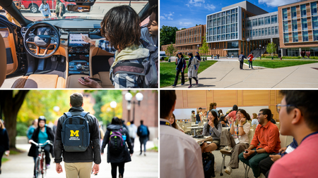 A photo collage: Upper left, a student pointing at a touch screen in a car; upper right, the Leinweber Building; lower left, a student walking through the Diag wearing a UMSI backpack; lower right, students sitting in a group in a large classroom and laughing.