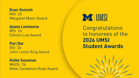 A maize graphic congratulating the honorees of the 2026 UMSI Student Awards, with their names listed