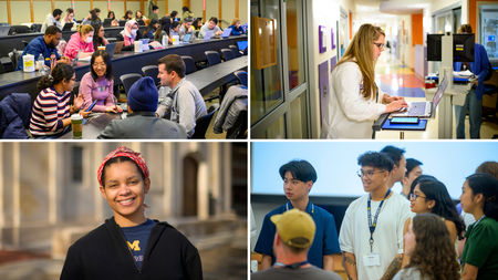 A grid of four photos: students in a classroom; a person in a white doctor's coat on a laptop in a hospital hallway; a student headshot; and a group of students standing together.