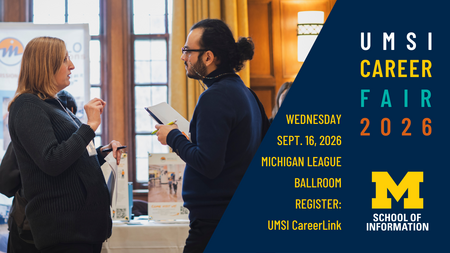 A photo from a past Career Fair of two people engaged in conversation, and the right half on a blue background has event details in yellow text