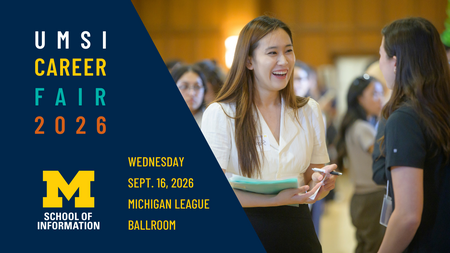 A promotional graphic for the UMSI Career Fair 2026. A photo of two people networking in a ballroom.