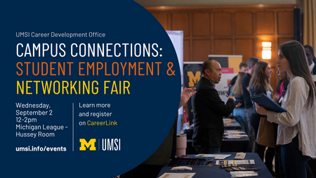Left half of the image is a blue background with white, orange, and yellow text listing out event details. On the right half is a photo of a woman with long brown hair in conversation in a job fair setting.