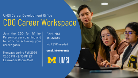 Left half of the image is a blue background with white and yellow text listing out event details. On the right half is a photo of three students working from the same laptop