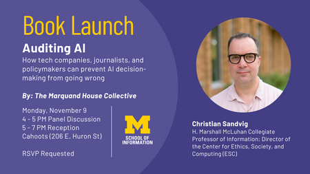 A flyer for a book launch for Auditing AI on November 9th at the Cahoots Event Space