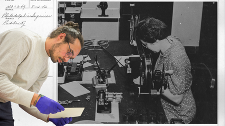 A collage that shows Eli holding a material from the archive while facing a black and white image of Dorothy 