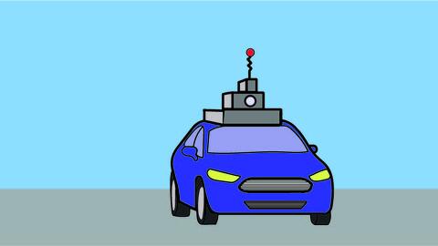 a graphic depicting a blue autonomous car on a clear day