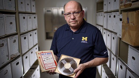 Paul Conway holds a reel-to-reel tape with its matching broadcast script.