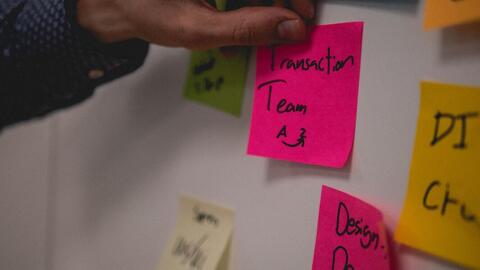 Hand arranging sticky notes on a white board