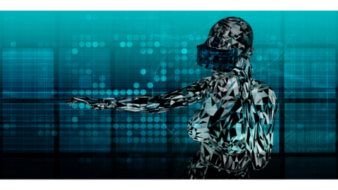A pixelated woman wearing a VR headset