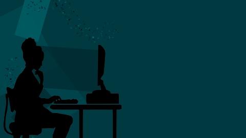 Graphic of a silhouetted person sitting at a desktop computer appearing contemplative