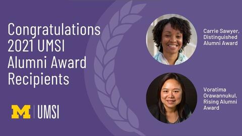 A graphic congratulating Carrie Sawyer and Voratima Orawannukul on their awards