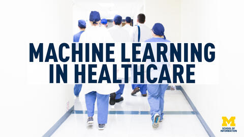 Healthcare workers walking down a corridor with superimposed text "Machine learning in healthcare"