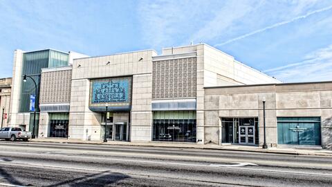 Exterior daytime shot of the Arab American National Museum in Dearborn, Michigan on a clear day. 