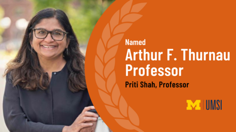 Headshot of Priti Shah. "Named, Arthur F. Thurnau Professor, Priti Shah, Professor" UMSI logo.