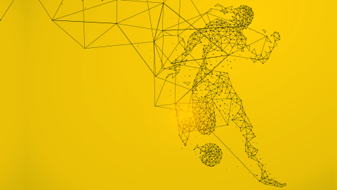 Abstract digital illustration of a human figure comprised of variously sized nodes connected by straight lines of differing length. The figure is poised to kick a soccer ball illustrated in the same style. The background is plain yellow. 