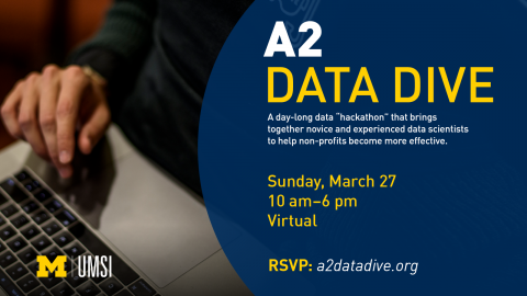 A person’s hand rests on a laptop keyboard. “A2 Data Dive. A day-long ‘hackathon’ that brings together novice and experienced data scientists to help non-profits become more effective. Sunday, March 27. 10 a.m. - 6 p.m. Virtual. RSVP: a2datadive.org.” 