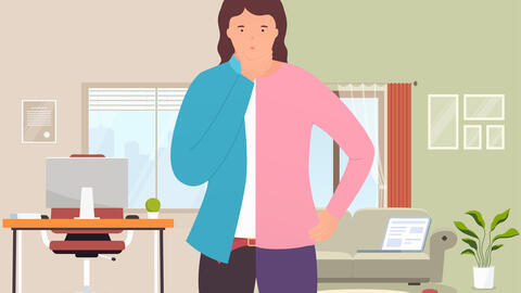 Cartoon of person looking thoughtful while standing between working at home and working in an office. 