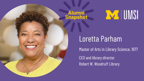 Loretta wearing a yellow shirt and smiling. "Loretta Parham, Master of Arts in Library Science, 1977. CEO and library director, Robert W. Woodruff Library." 
