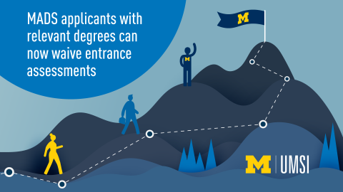 “MADS applicants with relevant degrees can now waive entrance assessments.” Three figures follow a dotted line up mountains to reach a flag with a Block M at the top. 