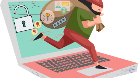 Cartoon robber running across a laptop with a bag full of passwords and personal information. 
