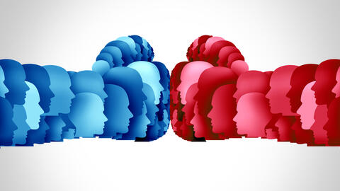 Cartoon drawing of two fists colliding. The fists are a compilation of many silhouetted faces overlapping to make the shape of the fists and arms.