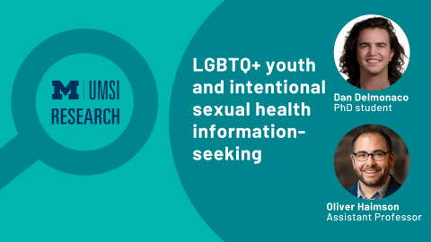 Magnifying glass graphic. "LGBTQ+ youth and intentional sexual health information-seeking." Headshot of Dan Delmonaco, PhD student, Oliver Haimson, Assistant professor.