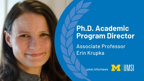 Woman with brown hair smiles. Blue background: Ph.D. Academic Program Director